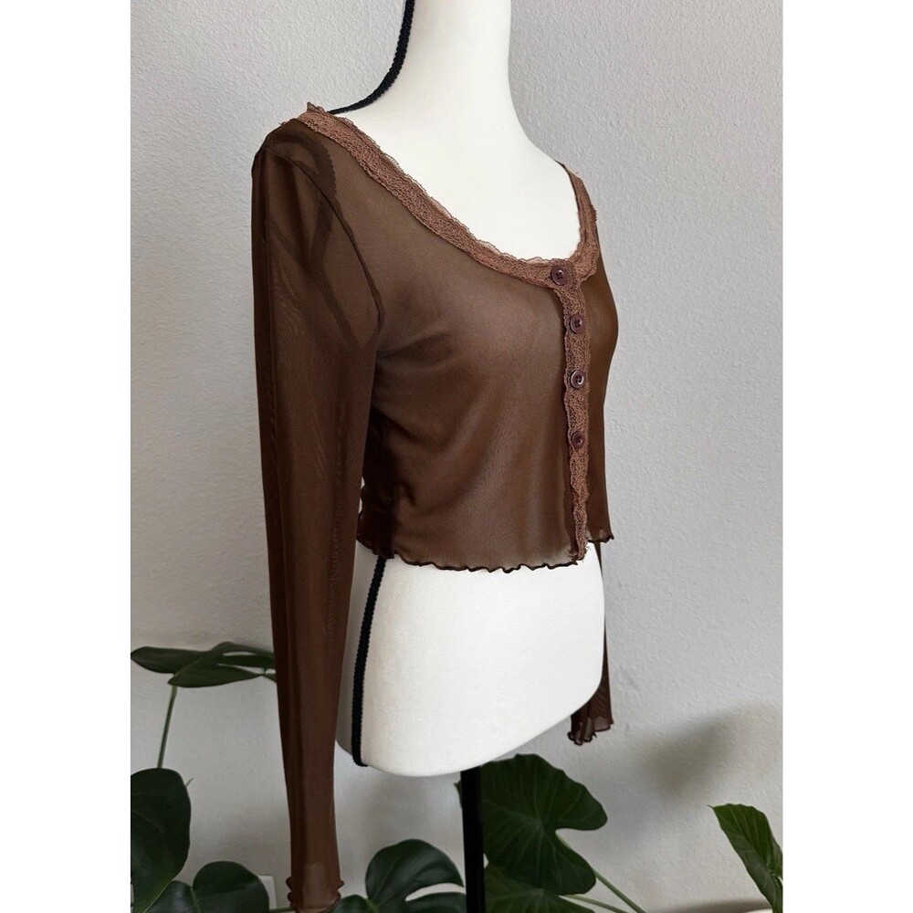 Y2K Brown Sheer Mesh Lace Trim Cropped Button Front Long Sleeve Top M Coquette - Picture 5 of 14